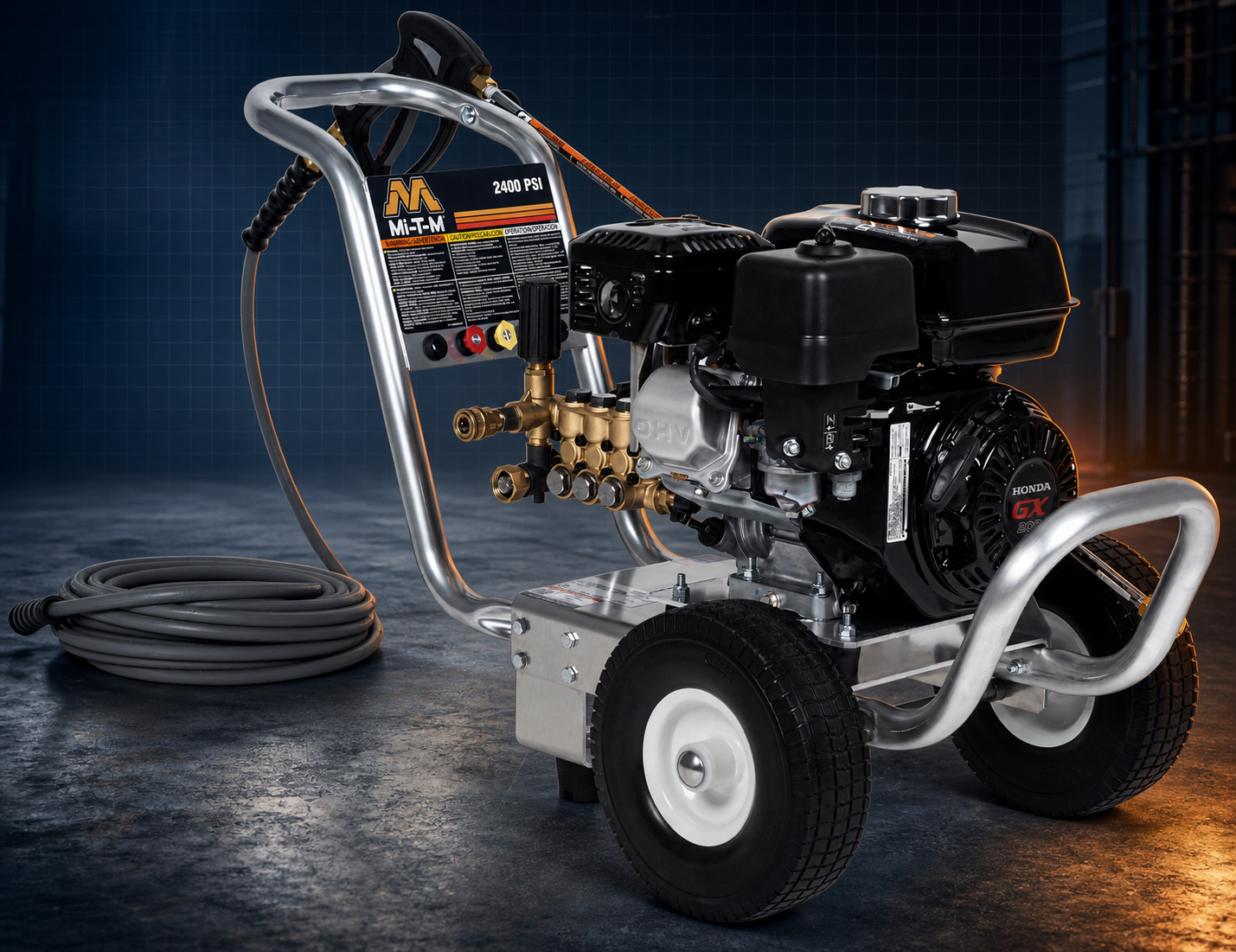Mi-T-M pressure washer on desktop; P-Fab battery-box step on mobile